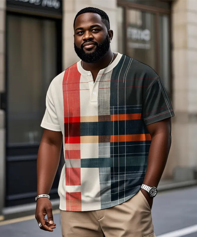Men's Plus Size Casual Black And Red Geometric Plaid Print Henry Collar Button Short Sleeve T-Shirt sold by Biggmans