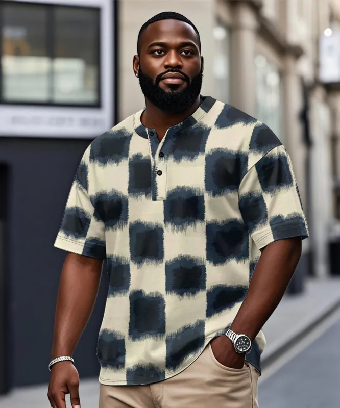 Men's Plus Size Daily Casual Blue Gradient Plaid Print Henry Collar Button Short Sleeve T-Shirt sold by Biggmans