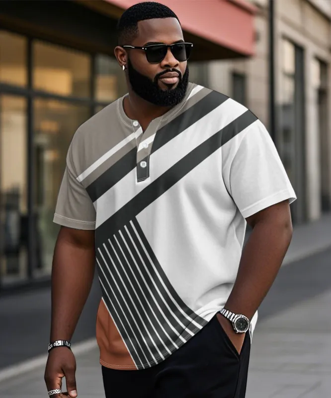 Men's Plus Size Daily Casual Grey Patchwork Striped Printed Henry Collar Button Short Sleeve T-Shirt sold by Biggmans