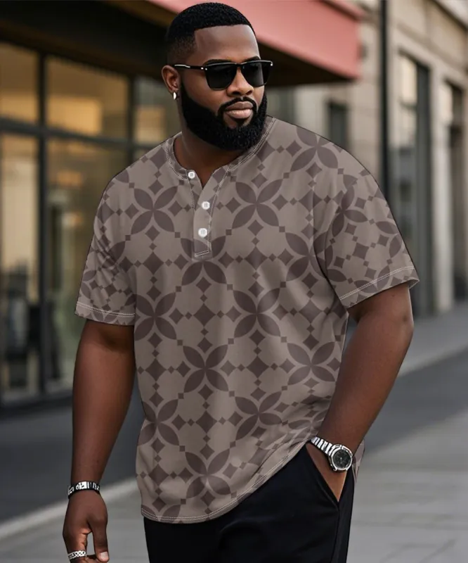 Men's Plus Size Daily Casual Brown Diamond Geometric Print Henley Collar Button Short Sleeve Tee made by Biggmans