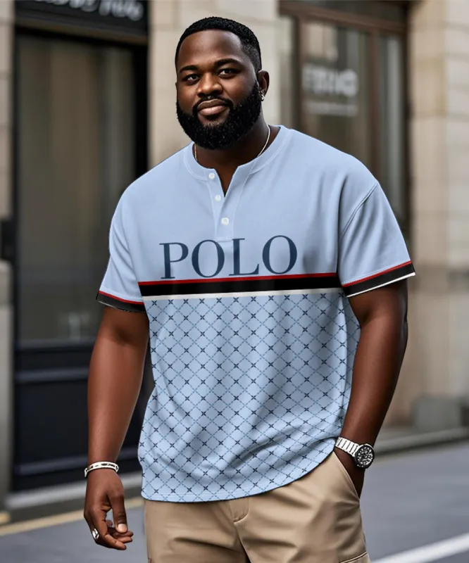 Men's Plus Size Daily Casual Blue Striped Alphabet Print Henry Collar Button Short Sleeve T-Shirt sold by Biggmans