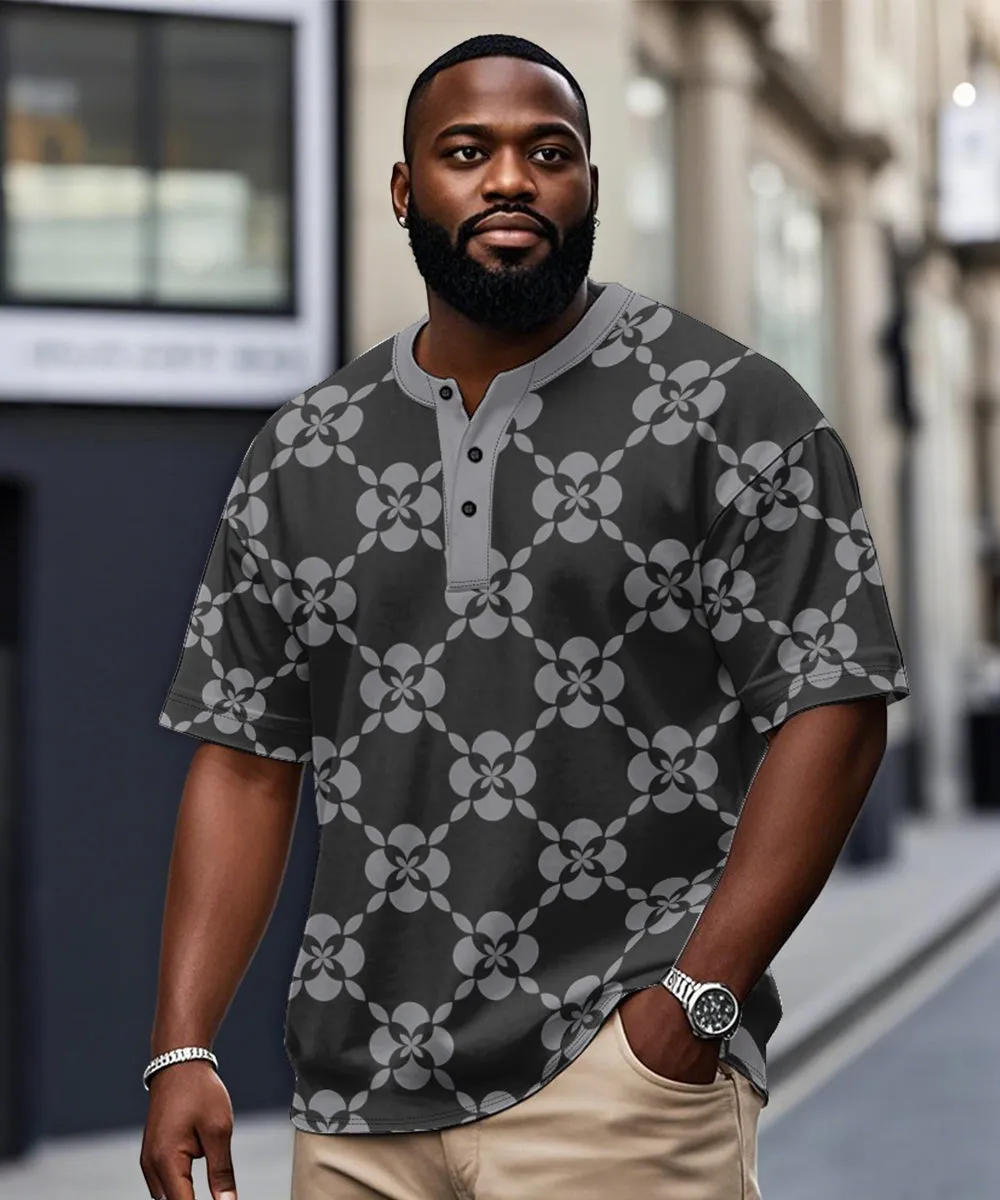 Men's Plus Size Daily Casual Black Grey Diamond Geometric Print Henry Collar Button Short Sleeve T-Shirt sold by Biggmans