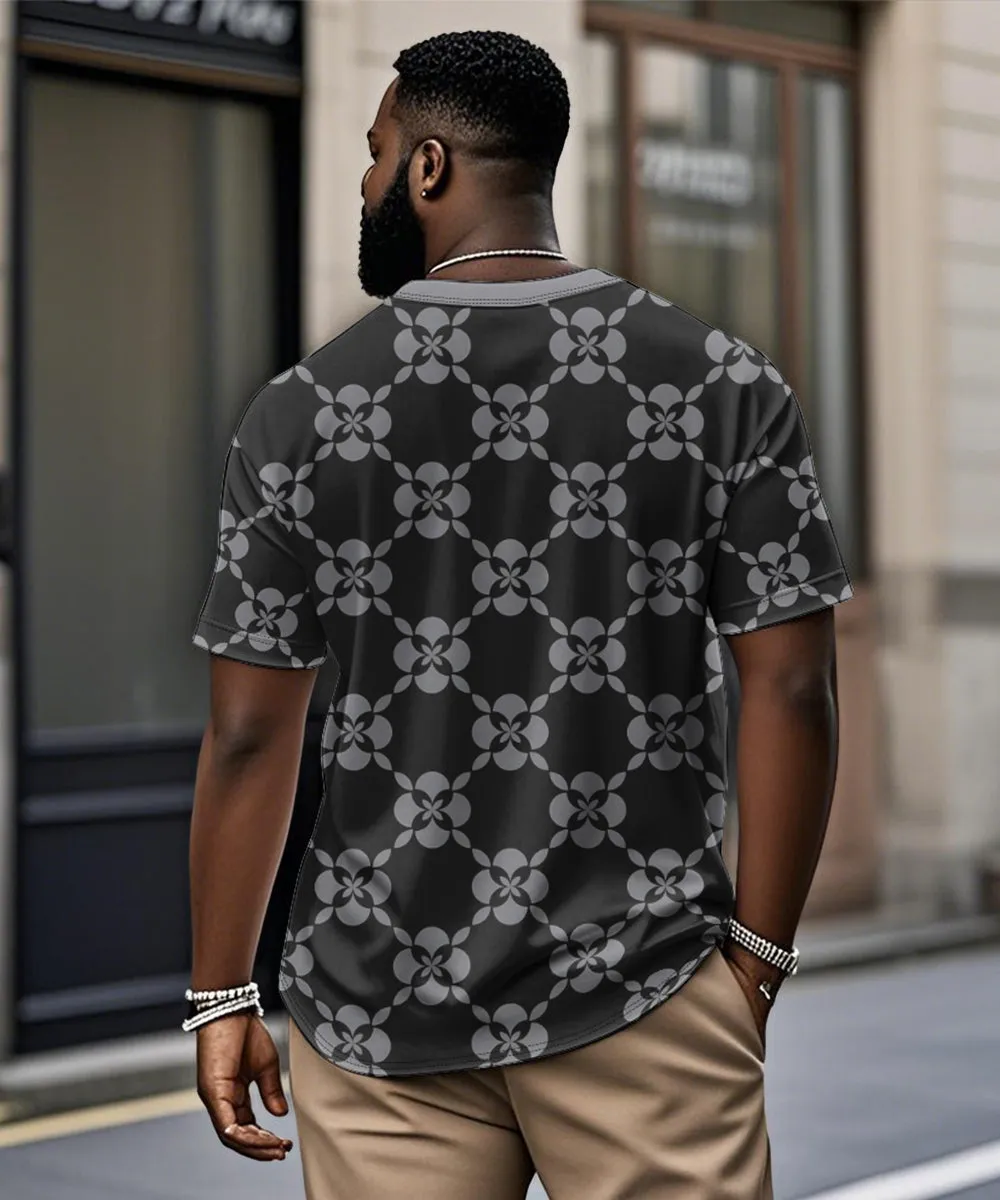 Men's Plus Size Daily Casual Black Grey Diamond Geometric Print Henry Collar Button Short Sleeve T-Shirt sold by Biggmans product image thumbnail 2