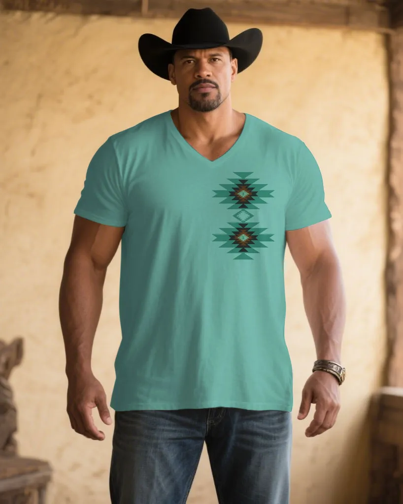 Men's Plus Size Lake Green Chest Western Pattern Printed V-Neck Short Sleeve T-Shirt sold by Biggmans