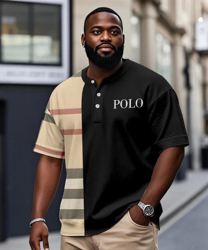 Men's Plus Size Daily Casual Black Khakis Stripe Alphabet Print Henry Collar Button Short Sleeve T-Shirt sold by Biggmans