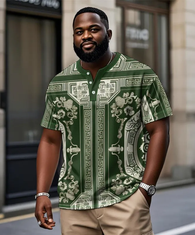 Men's Plus Size Casual Daily Green Vintage Pattern Printed Henry Collar Button Short Sleeve T-Shirt sold by Biggmans