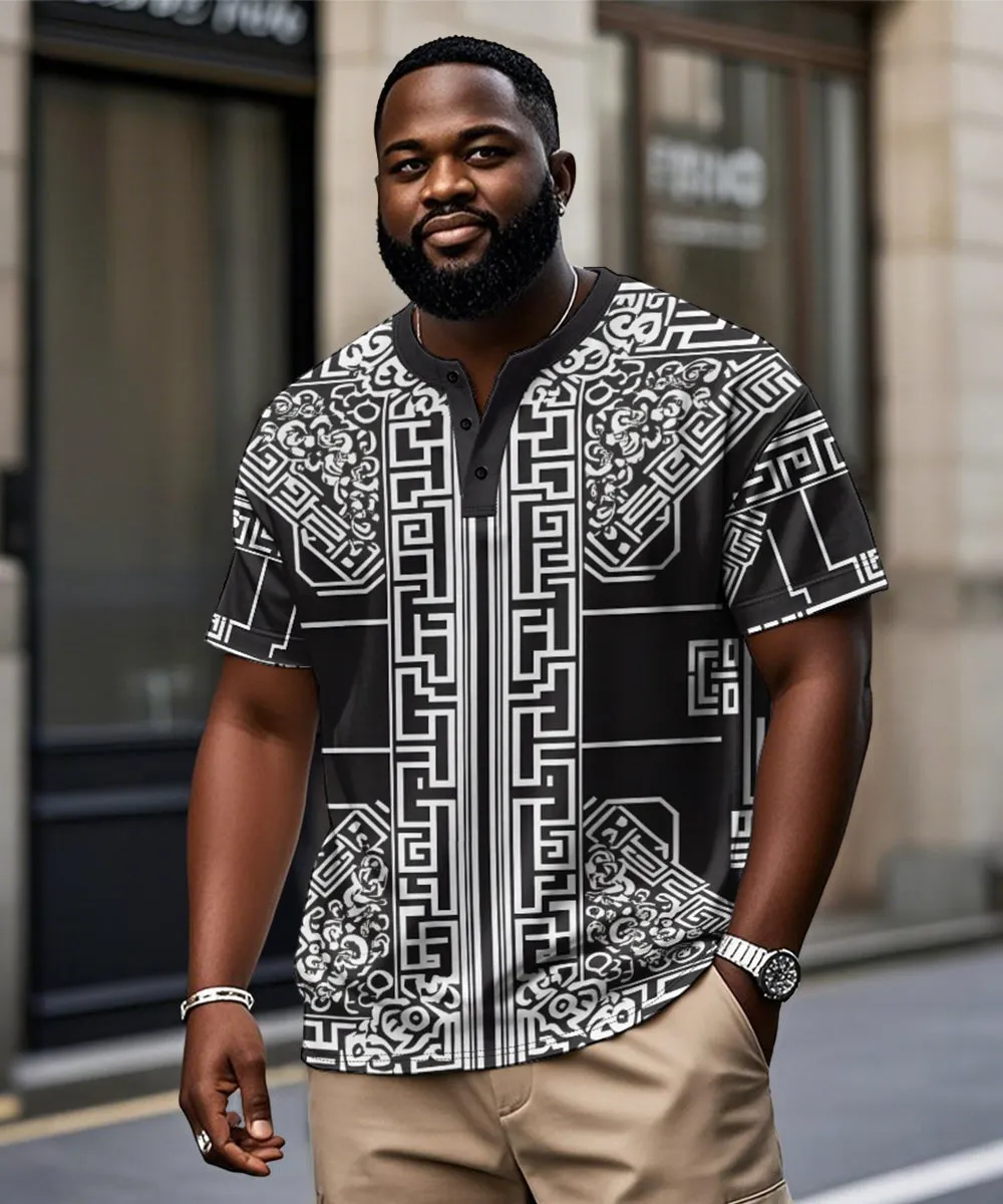 Men's Plus Size Casual Daily Black Vintage Pattern Printed Henry Collar Button Short Sleeve T-Shirt sold by Biggmans