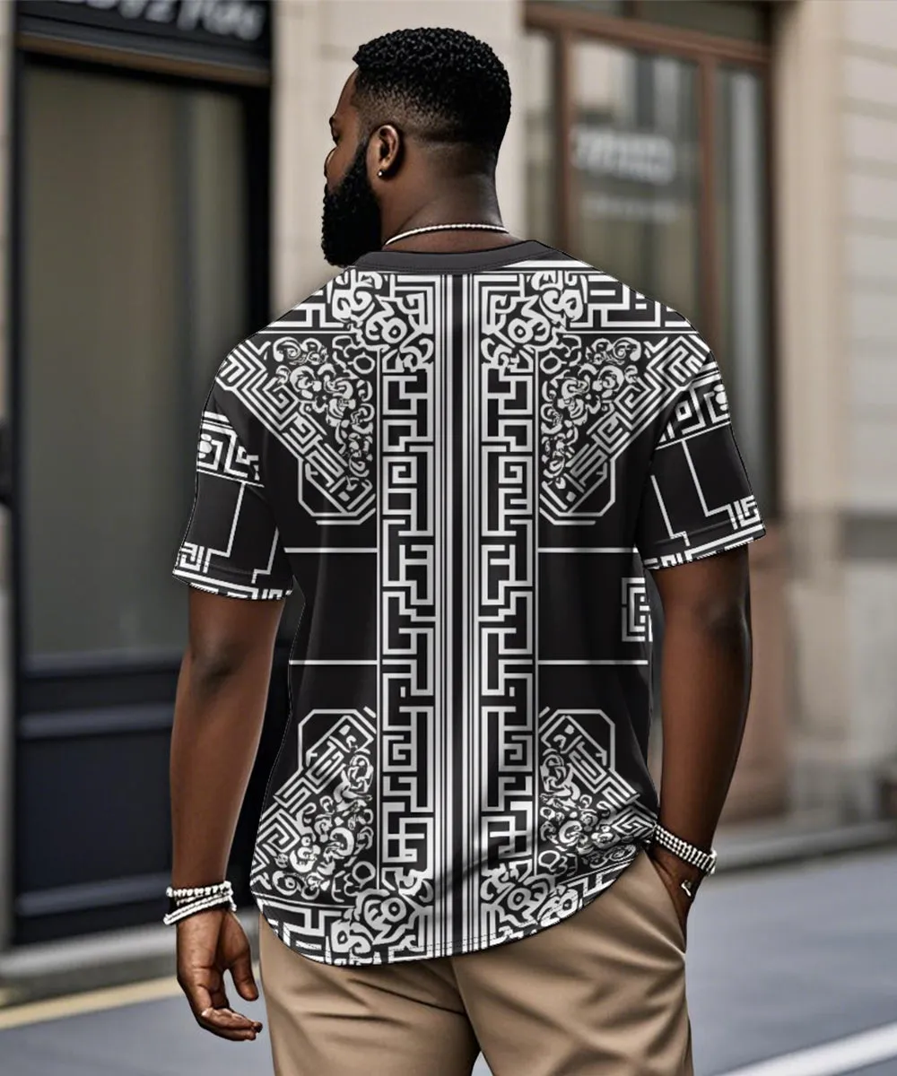 Men's Plus Size Casual Daily Black Vintage Pattern Printed Henry Collar Button Short Sleeve T-Shirt sold by Biggmans product image thumbnail 2