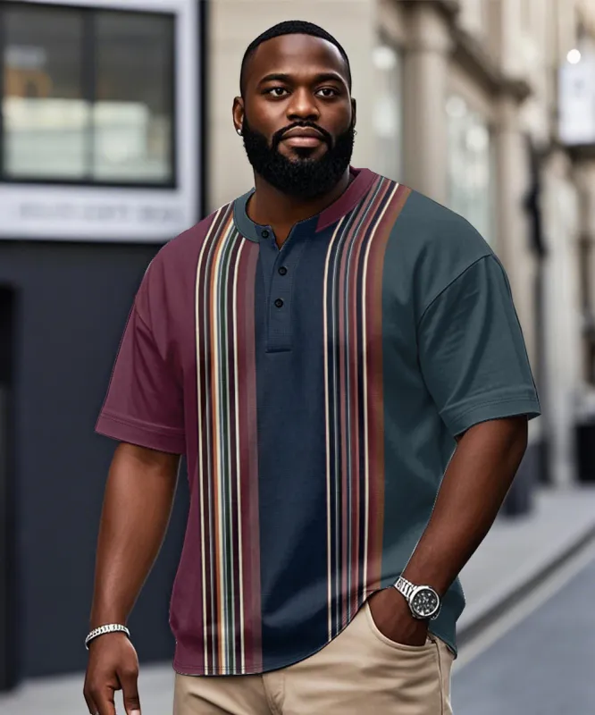 Men's Plus Size Daily Casual Blue Stripe Print Henley Collar Button Short Sleeve T-Shirt sold by Biggmans