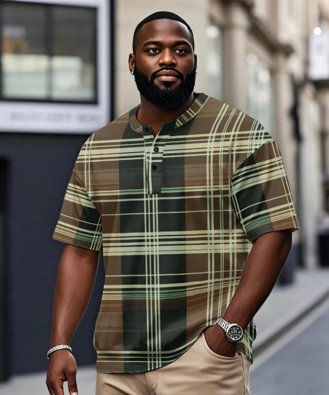Men's Plus Size Casual Daily Green Plaid Print Henry Collar Button Short Sleeve T-Shirt sold by Biggmans