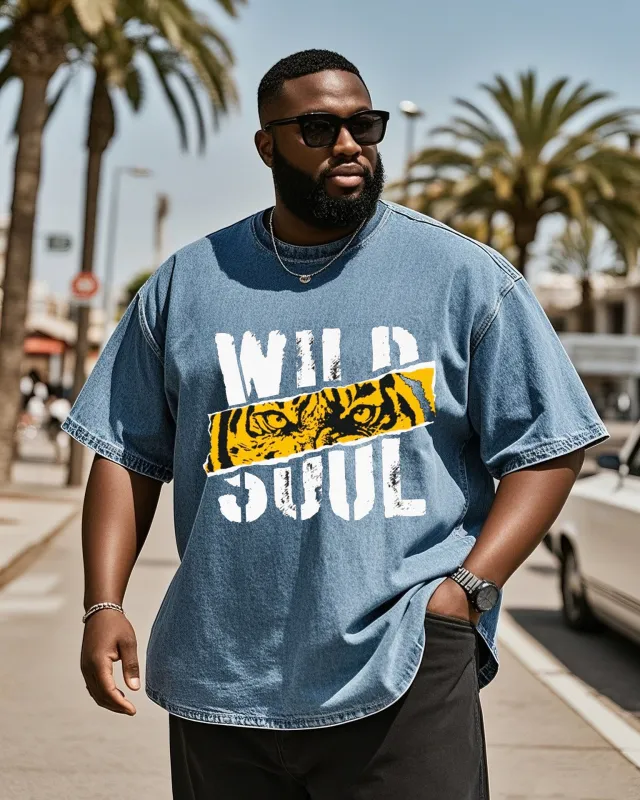 Plus Size Men's Tiger Creative English Print Blue Denim Short Sleeve T-Shirt sold by Biggmans