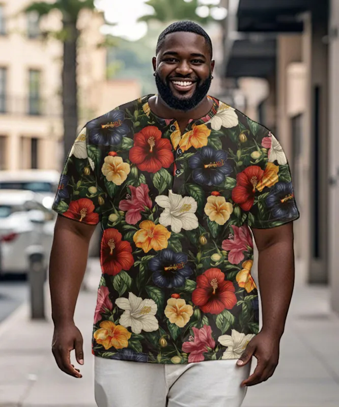 Men's Plus Size Hawaiian Vintage Floral Print Henry Collar Button Short Sleeve Tee sold by Biggmans