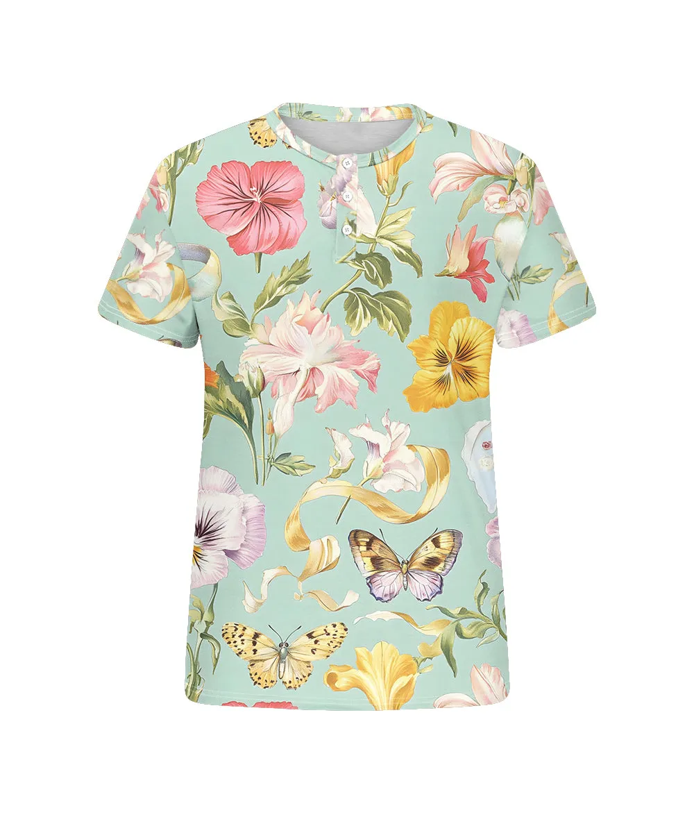 Men's Plus Size Hawaiian Green Butterfly Floral Print Henry Collar Button Short Sleeve Tee sold by Biggmans product image thumbnail 4