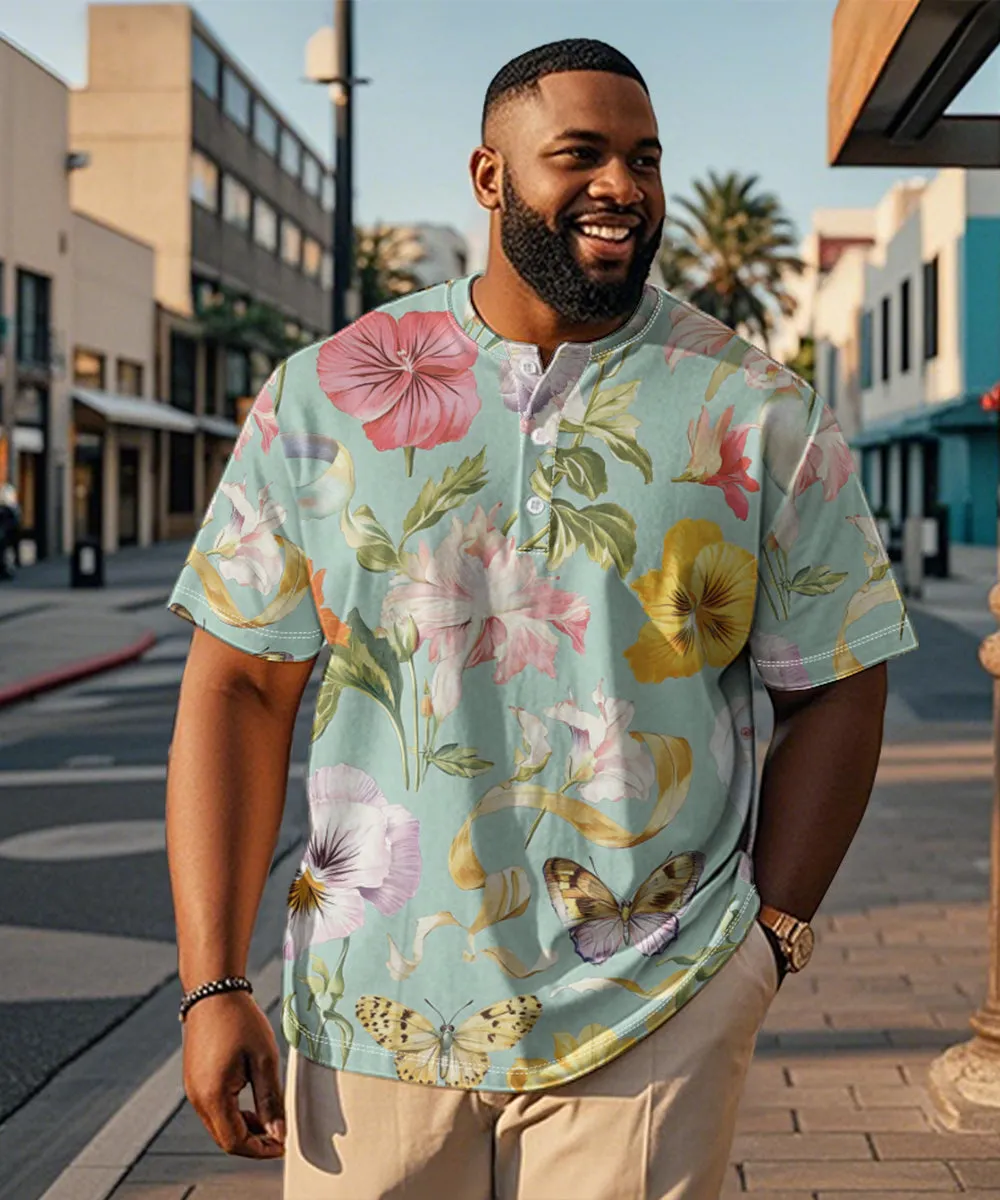 Men's Plus Size Hawaiian Green Butterfly Floral Print Henry Collar Button Short Sleeve Tee sold by Biggmans