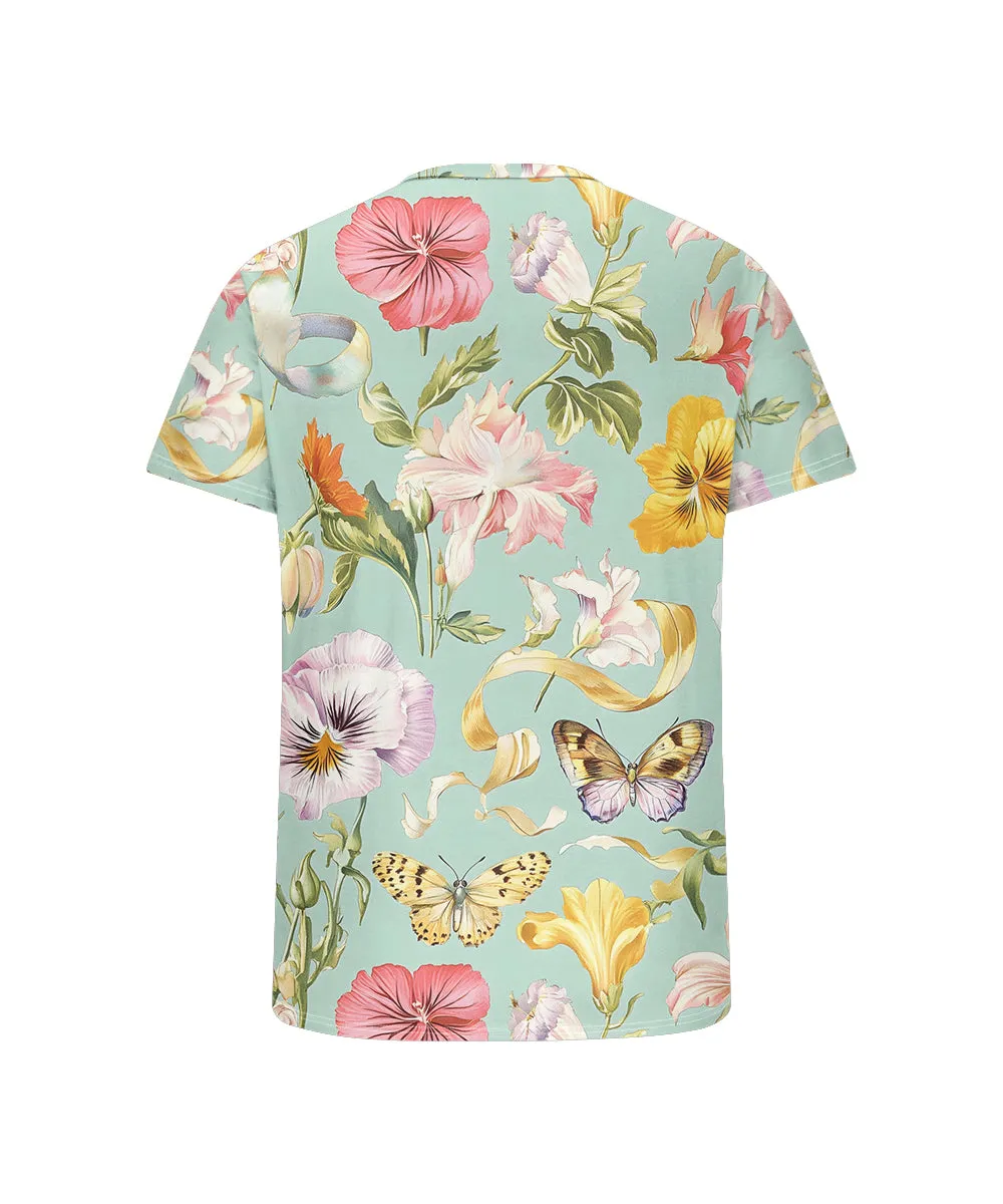 Men's Plus Size Hawaiian Green Butterfly Floral Print Henry Collar Button Short Sleeve Tee sold by Biggmans product image thumbnail 5