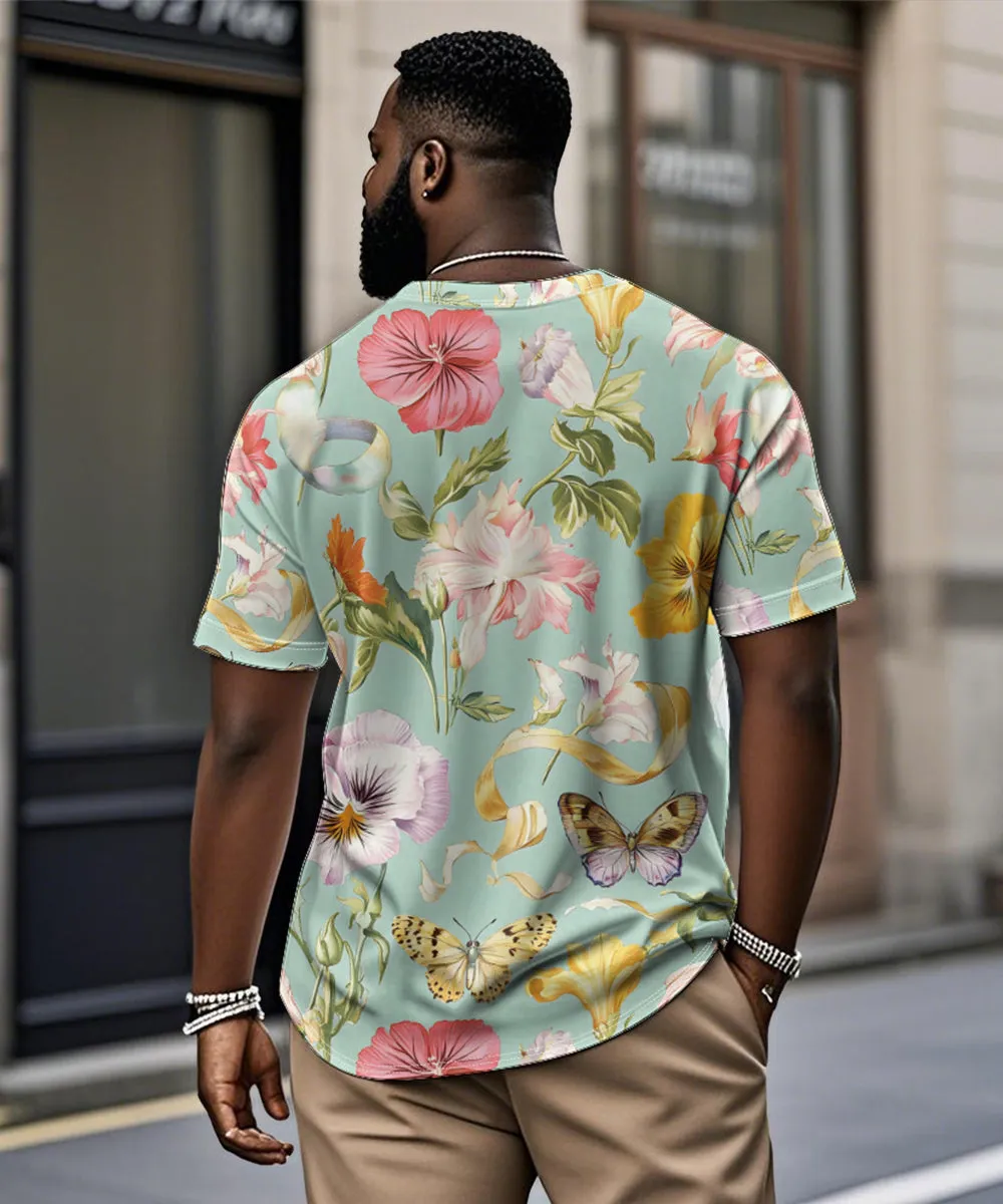 Men's Plus Size Hawaiian Green Butterfly Floral Print Henry Collar Button Short Sleeve Tee sold by Biggmans product image thumbnail 2