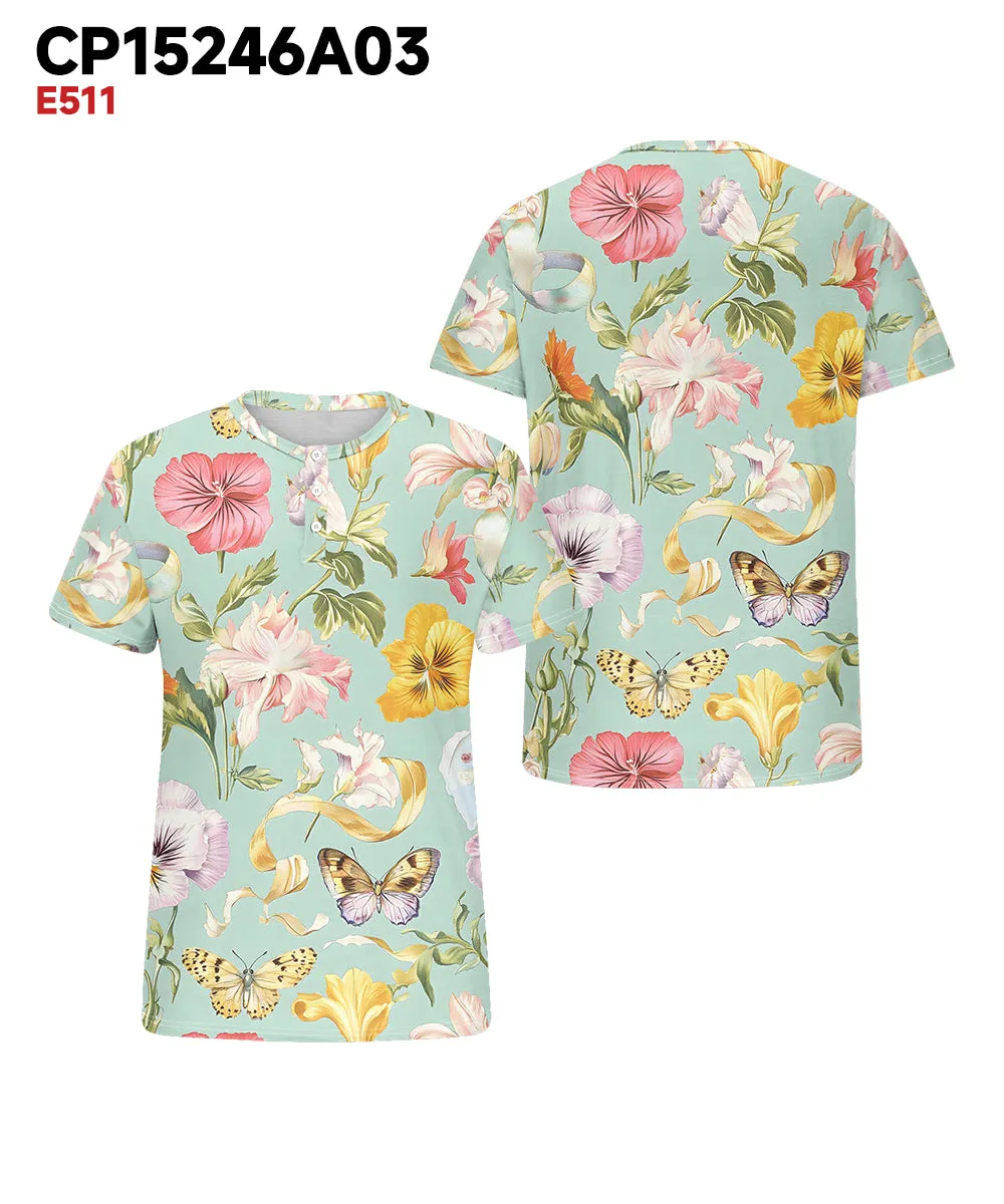Men's Plus Size Hawaiian Green Butterfly Floral Print Henry Collar Button Short Sleeve Tee sold by Biggmans product image thumbnail 3
