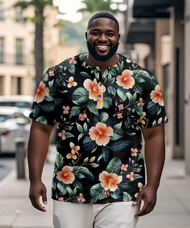 Men's Plus Size Hawaiian Leaf Floral Print Henry Collar Button Short Sleeve Tee sold by Biggmans