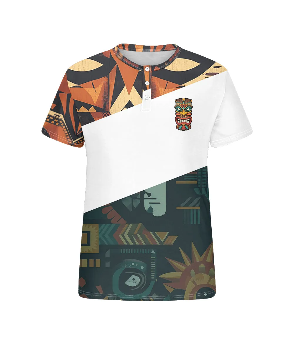 Men's Plus Size Daily Casual Stitching Tiki Mask Printed Henry Collar Button Short Sleeve T-Shirt sold by Biggmans product image thumbnail 4