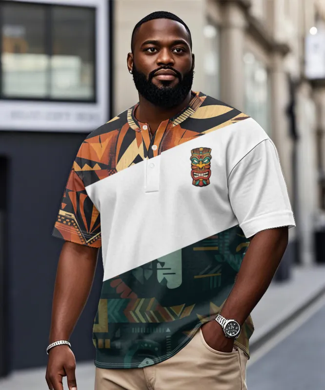 Men's Plus Size Daily Casual Stitching Tiki Mask Printed Henry Collar Button Short Sleeve T-Shirt sold by Biggmans