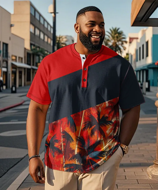 Men's Plus Size Hawaiian Red Patchwork Coconut Tree Print Henry Collar Button Short Sleeve Tee sold by Biggmans