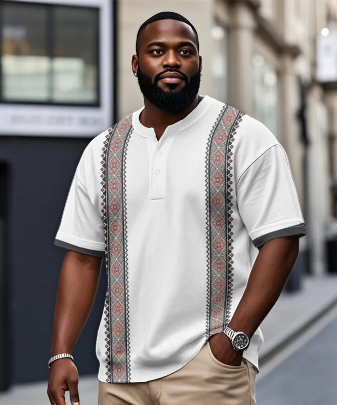 Men's Plus Size Daily Casual Gray Pattern Printed Henry Collar Button Short Sleeve T-Shirt sold by Biggmans