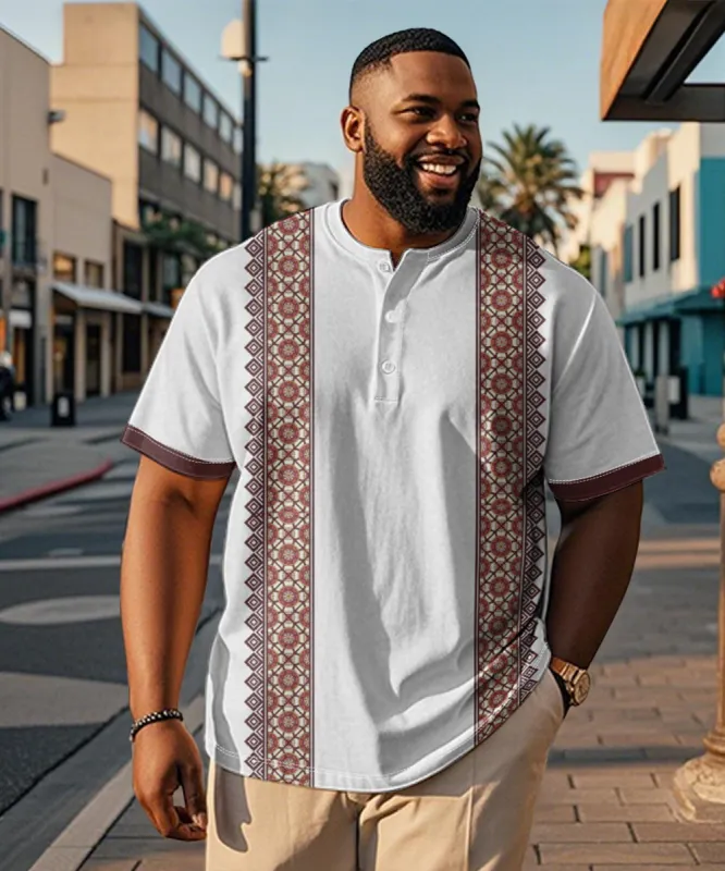 Men's Plus Size Daily Casual Red Pattern Printed Henry Collar Button Short Sleeve T-Shirt sold by Biggmans