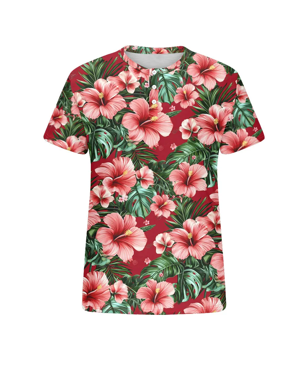 Men's Plus Size Hawaiian Red Floral Print Henry Collar Button Short Sleeve Tee sold by Biggmans product image thumbnail 4