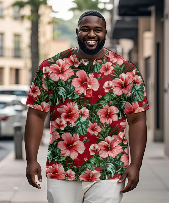 Men's Plus Size Hawaiian Red Floral Print Henry Collar Button Short Sleeve Tee sold by Biggmans