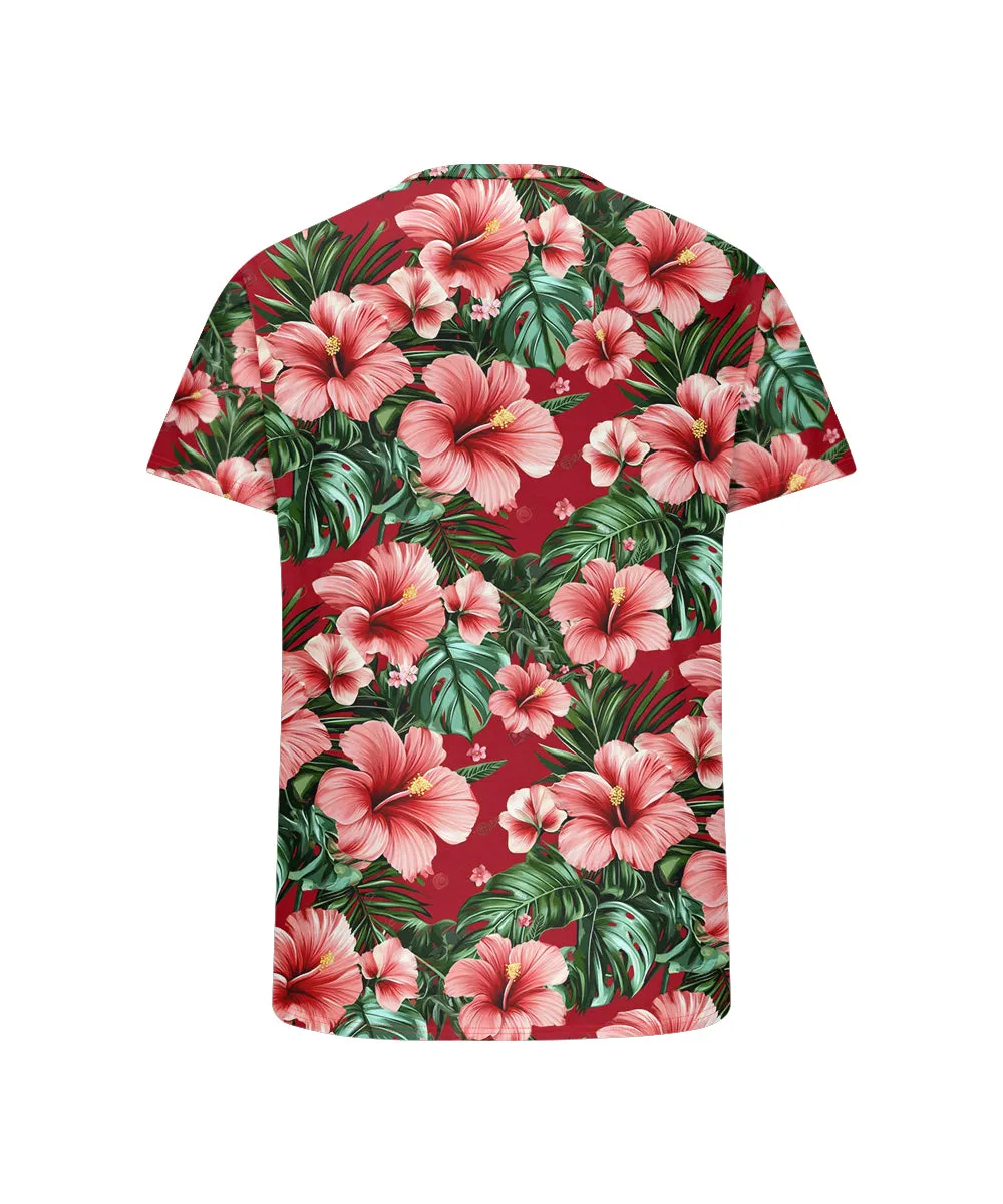 Men's Plus Size Hawaiian Red Floral Print Henry Collar Button Short Sleeve Tee sold by Biggmans product image thumbnail 5