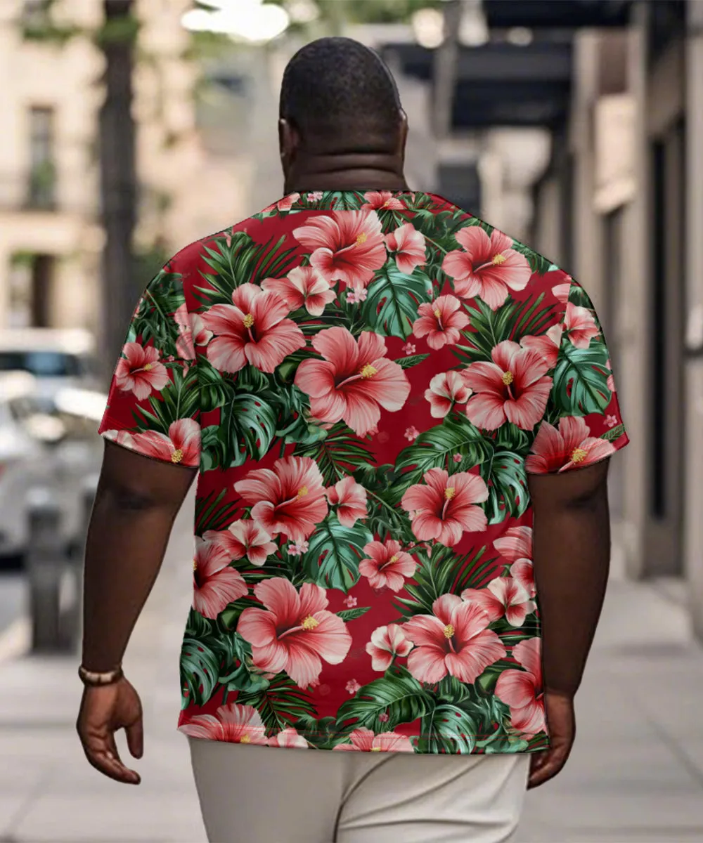 Men's Plus Size Hawaiian Red Floral Print Henry Collar Button Short Sleeve Tee sold by Biggmans product image thumbnail 2
