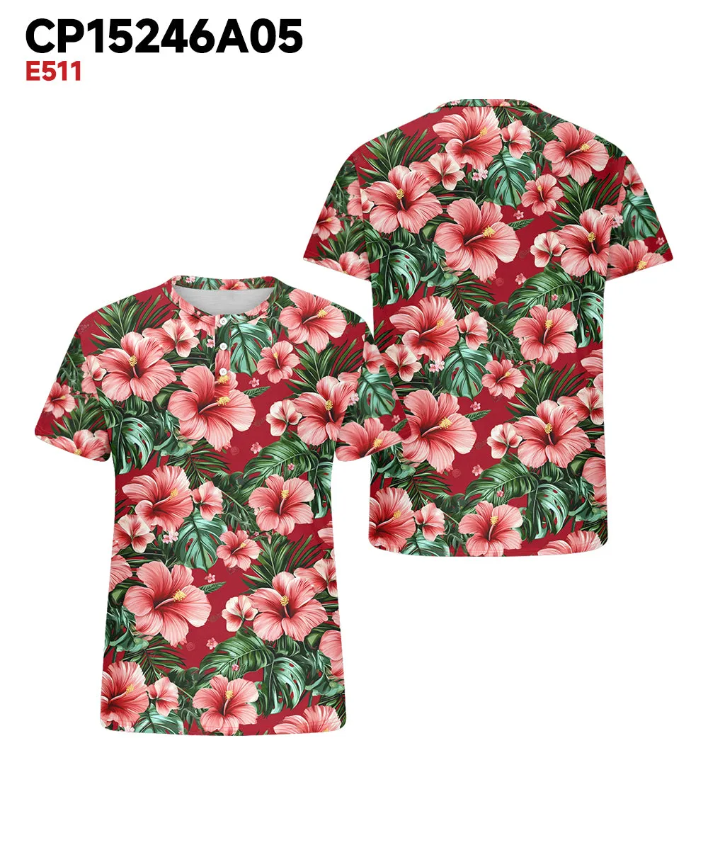 Men's Plus Size Hawaiian Red Floral Print Henry Collar Button Short Sleeve Tee sold by Biggmans product image thumbnail 3