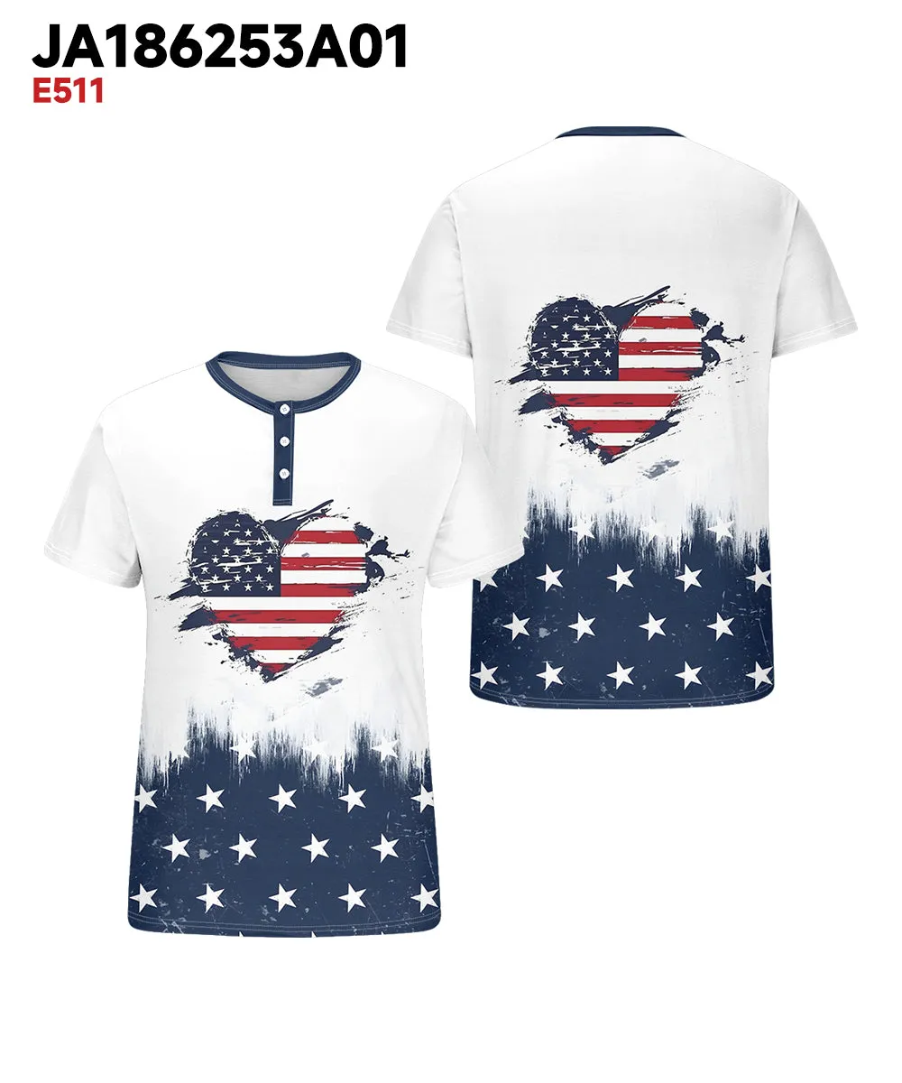 Men's Plus Size Independence Day American Flag Love Print Henry Collar Button Short Sleeve Tee sold by Biggmans product image thumbnail 3