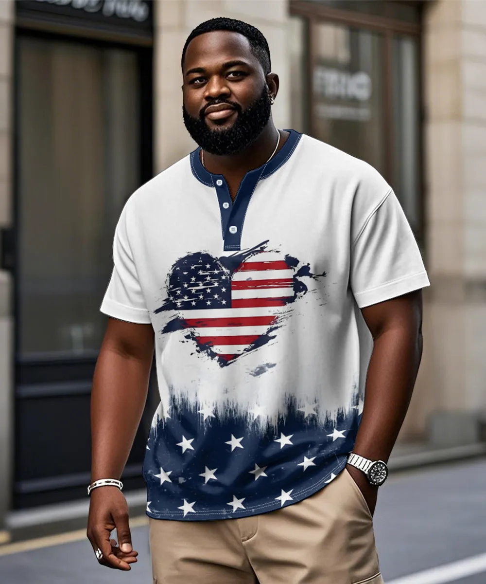 Men's Plus Size Independence Day American Flag Love Print Henry Collar Button Short Sleeve Tee sold by Biggmans