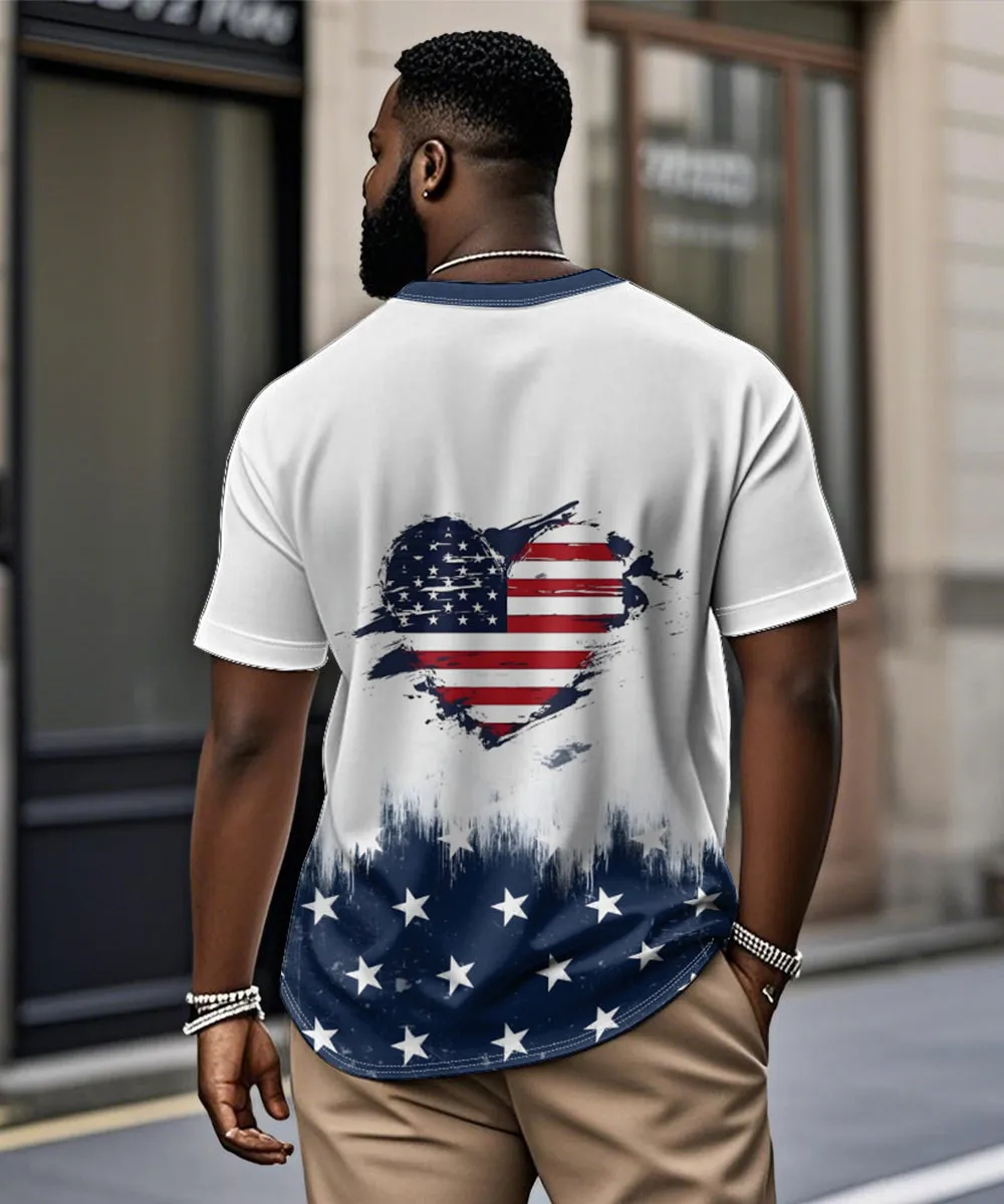 Men's Plus Size Independence Day American Flag Love Print Henry Collar Button Short Sleeve Tee sold by Biggmans product image thumbnail 2