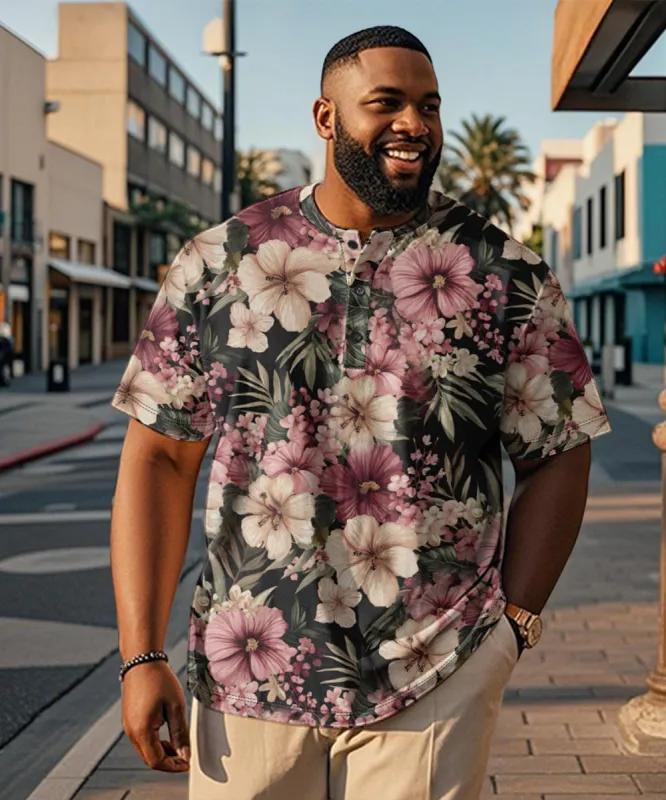 Men's Plus Size Pink Gesang Flower Print Henry Collar Button Short Sleeve T-Shirt sold by Biggmans