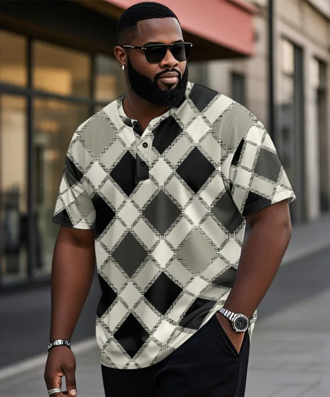Men's Plus Size Geometric Diamond Print Henley Collar Button Short Sleeve T-shirt sold by Biggmans