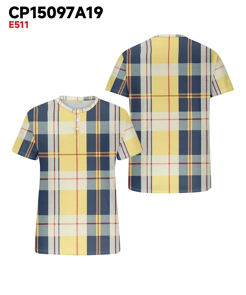 Men's Plus Size Yellow Check Print Henry Collar Button Short Sleeve T-shirt sold by Biggmans product image thumbnail 3