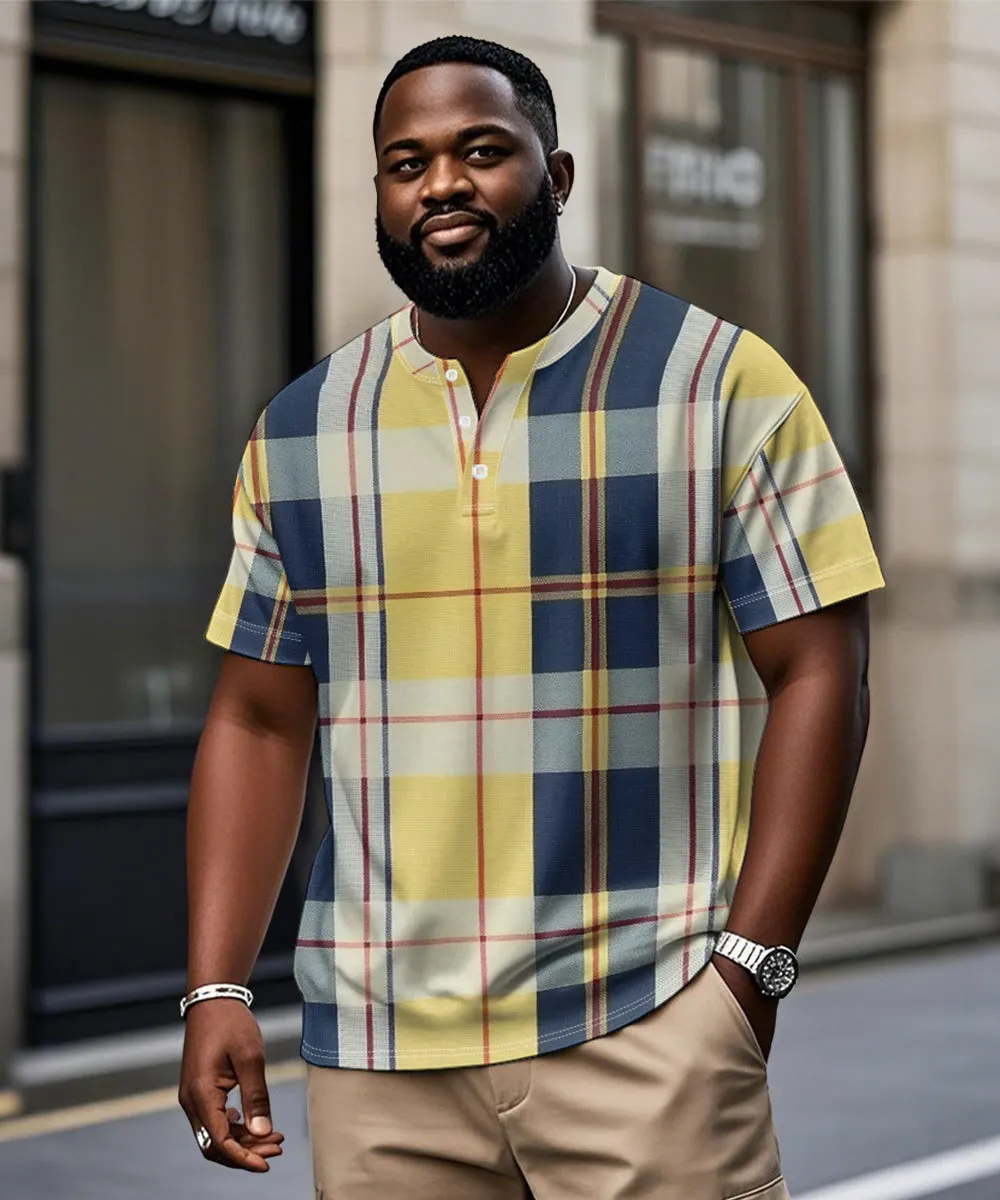 Men's Plus Size Yellow Check Print Henry Collar Button Short Sleeve T-shirt sold by Biggmans