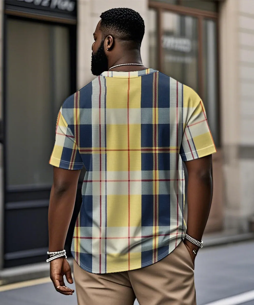 Men's Plus Size Yellow Check Print Henry Collar Button Short Sleeve T-shirt sold by Biggmans product image thumbnail 2