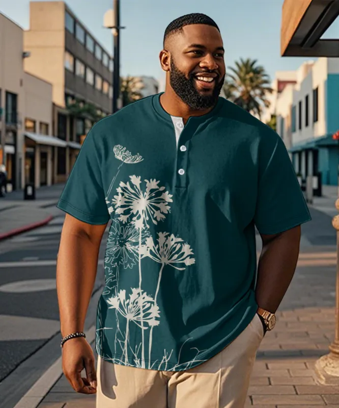 Men's Plus Size Green Dandelion Print Henry Collar Button Short Sleeve Tee sold by Biggmans