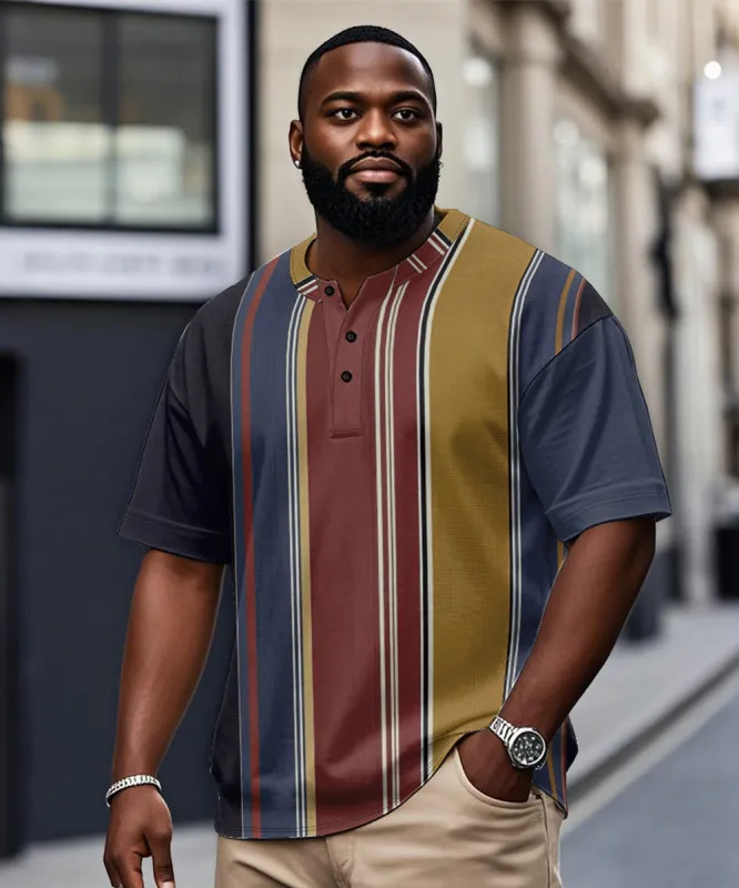 Men's Plus Size Retro Geometric Stripe Print Henley Collar Button Short Sleeve Tee sold by Biggmans