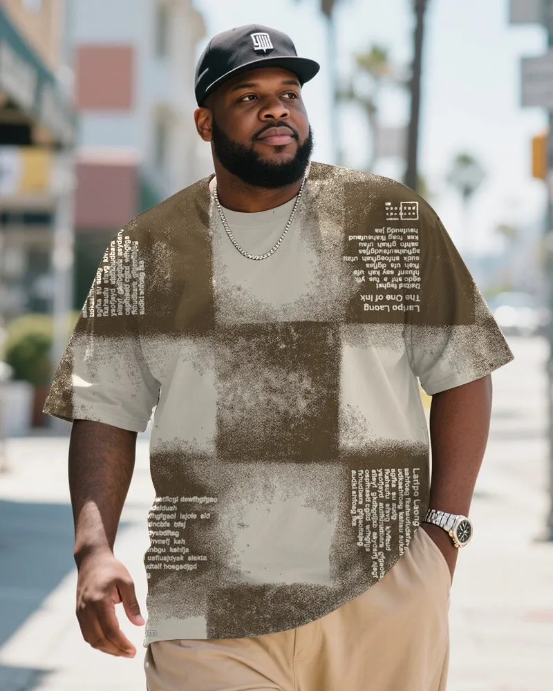 Big & Tall Men's Daily Casual Coffee Gradient Plaid Letter Printed Round Neck Short Sleeve T-Shirt sold by Biggmans