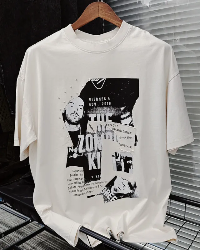 M-XL Street Fashion White Figure Collage Rivet Letter Print Round Neck Short Sleeve T-Shirt sold by Biggmans