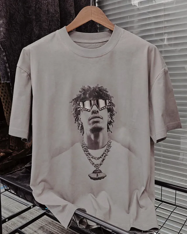 M-2XL Street Fashion Gray Distressed Hip Hop Laser Sunglasses Portrait Print Round Neck Short Sleeve T-shirt sold by Biggmans