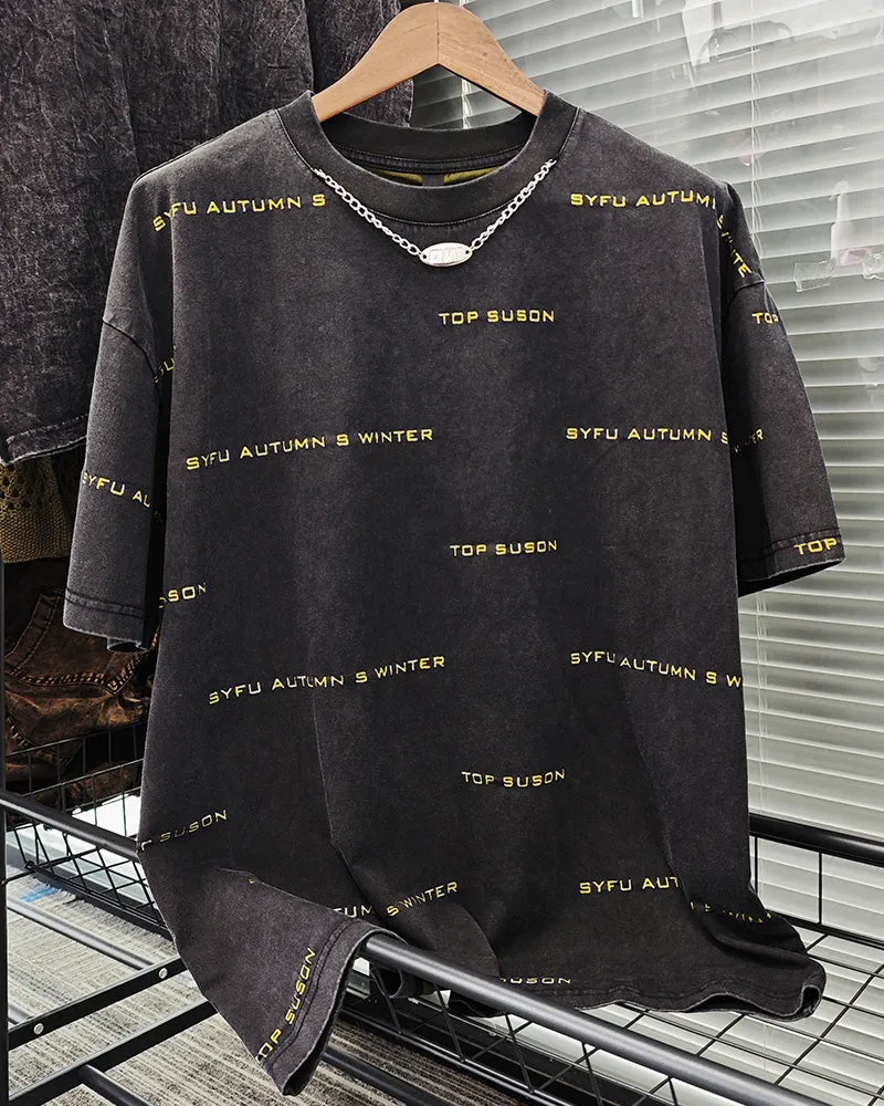 M-XL Street Fashion Black Yellow Old Burned Flower Letter Printing Round Neck Short Sleeve T-Shirt sold by Biggmans