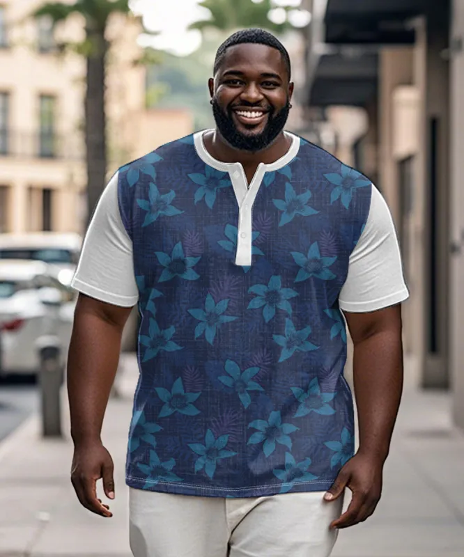 Big & Tall Men's Blue Patchwork Floral Print Henry Collar Button Short Sleeve Tee sold by Biggmans