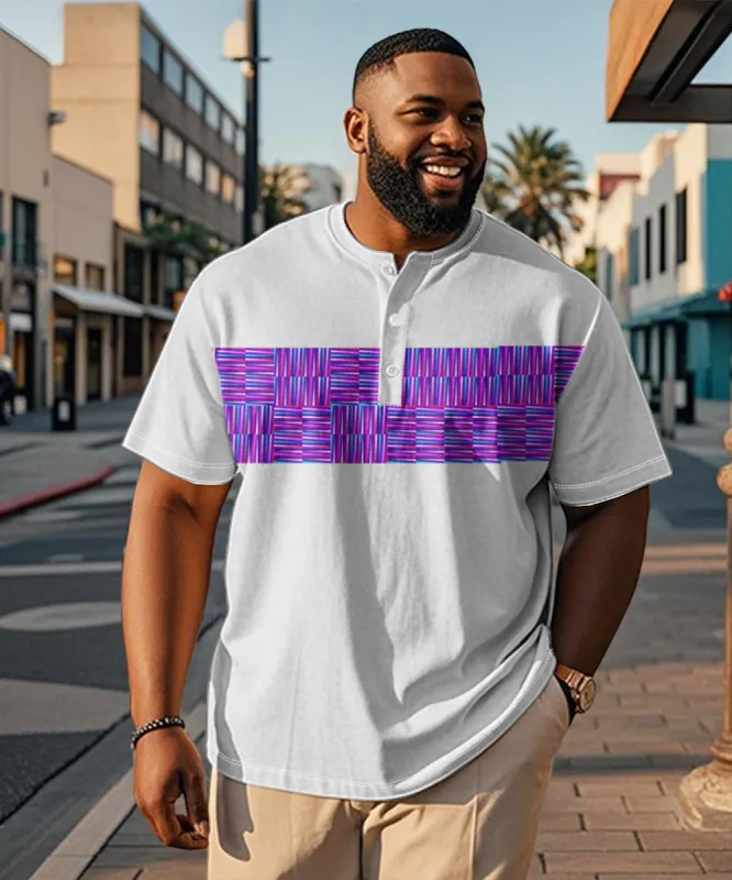 Big & Tall Men's White Spell Purple Stripe Geometric Print Henry Collar Button Short Sleeve T-Shirt sold by Biggmans