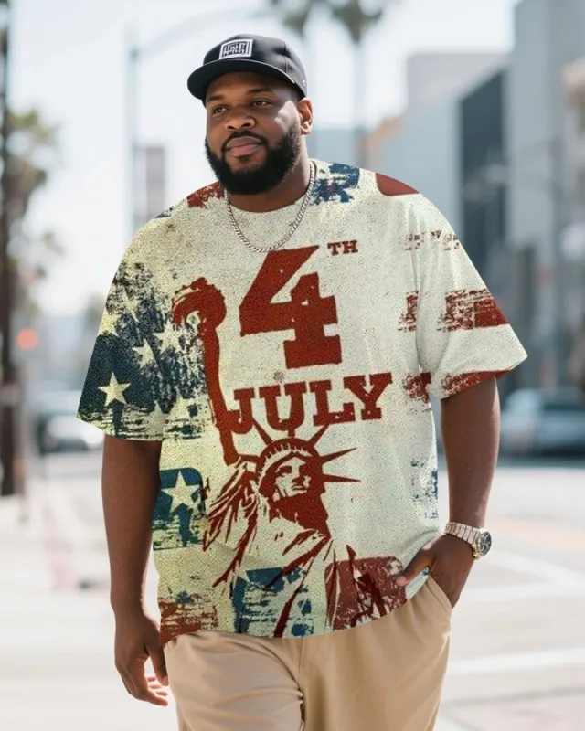 Big & Tall Men's Independence Day Statue Of Liberty Alphabet Print Crewneck Short Sleeve T-Shirt sold by Biggmans
