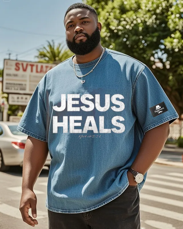 Big & Tall Men's Street Fashion JESUS HEALS Hot Stamping-Washed Denim Short Sleeve T-Shirt sold by Biggmans